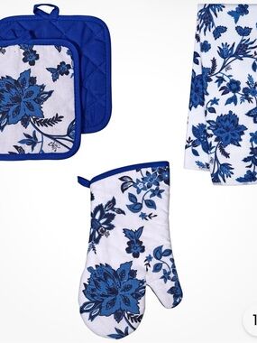 Home Collection Blue Floral Oven Mitt and Pot Holder Set